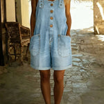 Casual Adjustable-strap Denim Jumpsuit Shorts