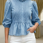 Women's Cotton Denim Top With Ruffled Collar And Pleats