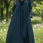 Retro Cozy Color-blocked V-neck Linen Dress