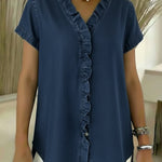 Casual Short-sleeved Denim Shirt With Ruffled Details.