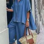 Casual Denim Irregular Hem Shirt And Wide-leg Pants Two-piece Set
