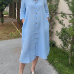 Women's Solid Color Shirt Collar 3/4 Sleeve Casual Loose Cotton And Linen Dress