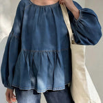 Women's Round Neck Long-sleeved Loose-fitting Casual Denim Top.