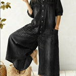 Women's Casual Peter Pan Collar Cotton Denim Wide-leg Jumpsuit