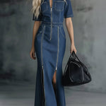 Casual Zippered Denim Fishtail Dress