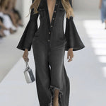 Women's Lapel Long-sleeved Casual Loose Denim Jumpsuit