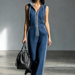 Casual Patchwork Striped Hooded Denim Jumpsuit