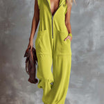 Women's Solid Color Sleeveless Casual Loose Hooded Cotton Wide-leg Jumpsuit