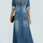 Women's Lapel Long-sleeved Casual Loose Denim Shirt Dress