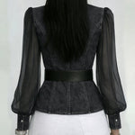 Elegant, Slim-fitting Denim Top With Organza Sleeves.