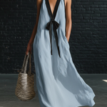 Classic Elegant Color-blocked Tie-neck Maxi Dress