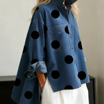 Elegant Artistic Polka Dot Print Stand-collar Denim Top