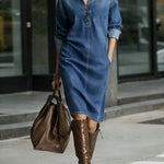 Women's Stand-collar Long-sleeved Casual Loose Denim Dress