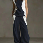 Women's Stand-collar Sleeveless Loose-fitting Cotton Top And Elastic-waist Loose Wide-leg Cotton Pants Set.