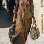 Women's Vintage Floral Pattern Art Print Casual Cotton Linen Dress