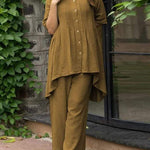 Women's Round Neck Short Sleeve Casual Loose Pleated Top And High-waisted Wide-leg Pants Cotton And Linen Set.