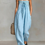 Women's Solid Color Strapless Casual Loose Cotton And Linen Jumpsuit