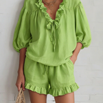 Romantic Ruffled Collar Blouse And Short Suit Set - Comfortable Everyday Wear