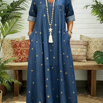 Casual Gold Star Print 100% Cotton Denim Dress