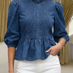 Women's Cotton Denim Top With Ruffled Collar And Pleats