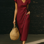 Elegant V-neck Button-up Linen Midi Dress