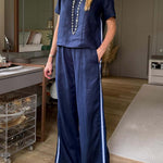 Women's Round Neck Short Sleeve Casual Loose Top High Waist Casual Loose Wide Leg Pants Cotton Linen Set