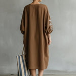 Long-sleeved Linen And Cotton Dress With Printed Cuffs And V-neck.
