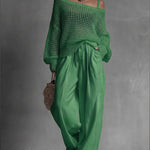 Women's Cozy Openwork Knit Top And Linen-cotton Pants Two-piece Set.