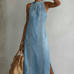 Retro Cozy Lace Print Denim Midi Dress