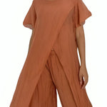 Women's Stylish Casual Elegant Resort Cotton Top And Elastic Waist Loose Pants Set