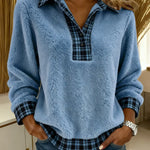 Women's Plaid Color-blocked Cardigan Collar Long-sleeved Casual Loose Sweatshirt