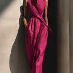 Elegant Collared Sleeveless Linen Cotton Jumpsuit