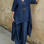 Casual Denim Button Details Top And Wide-leg Pants Two-piece Set