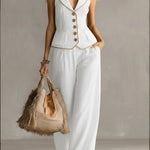Women's Slim-fit Linen And Cotton Vest And Trousers Two-piece Set