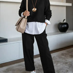 Women's Solid Color Round Neck Long-sleeved Casual Loose Knit Sweater And High-waisted Solid Color Casual Wide-leg Pants Set.