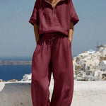 Women's Solid Color Hooded Short-sleeved Pullover Top And Elastic Waist Loose Wide-leg Pants Cotton And Linen Set.