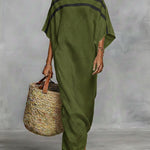 Off-the-shoulder, Straight-neck Linen And Cotton Dress