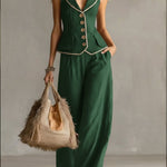 Women's Slim-fit Linen And Cotton Vest And Trousers Two-piece Set