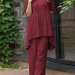 Women's Round Neck Short Sleeve Casual Loose Pleated Top And High-waisted Wide-leg Pants Cotton And Linen Set.