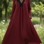 Retro Cozy Color-blocked V-neck Linen Dress