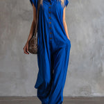 Women's Solid Color Short-sleeved Casual Loose Hooded Cotton And Linen Wide-leg Jumpsuit