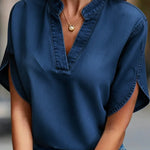 Casual V-neck Petal Sleeves Denim Blouse