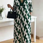 Elegant Art Print Color Block Trim V-neck Midi Dress