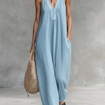 Women's Solid Color V-Neck Halter Neck Sleeveless Casual Loose Cotton Linen Wide-Leg Jumpsuit