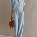 Casual Zippered Stand-collar Top And Straight-leg Pants Knitted Set