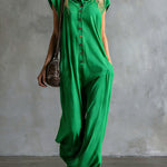Women's Solid Color Short-sleeved Casual Loose Hooded Cotton And Linen Wide-leg Jumpsuit