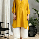 Women's Solid Color V-neck 3/4 Sleeve Casual Loose Fit Cotton Long Shirt