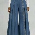 Casual Denim Wide-leg Pants With Metal Ring Embellishments.