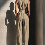 Elegant Collared Sleeveless Linen Cotton Jumpsuit
