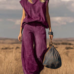 Women's Solid Color Stand-collar Sleeveless Casual Loose Faux Suede Wide-leg Pants Set